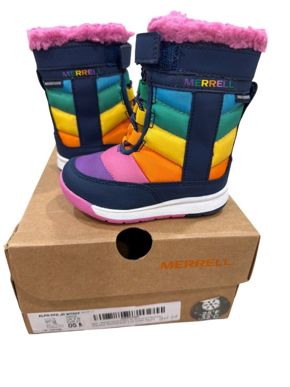 Merrell Alpine Puffer Jr Waterproof Girls Winter Boots Rainbow Multi Size 5M